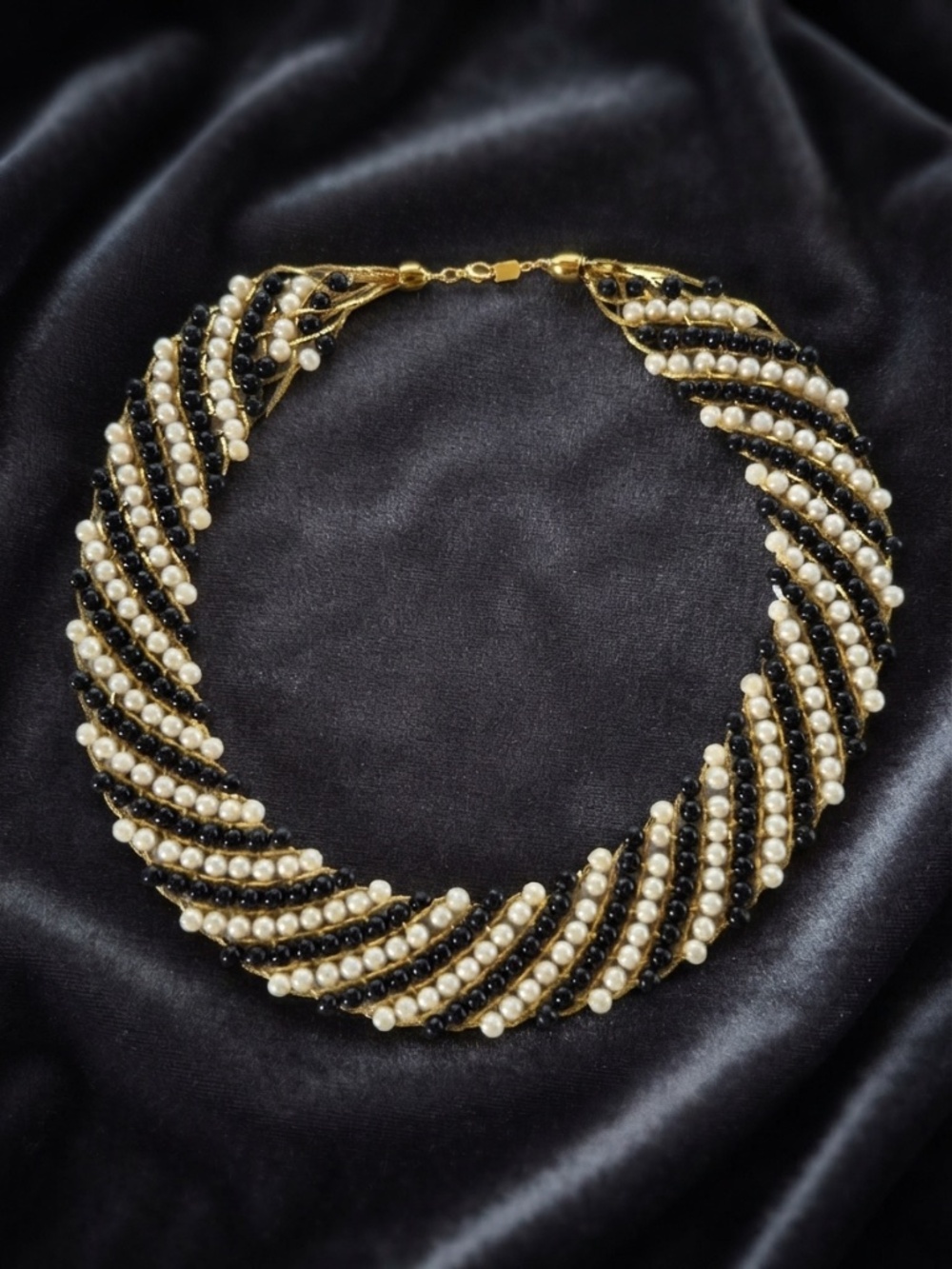 Vintage Trifari Woven Gold Mesh Black & White Pearl Bib Necklace | Mid-Century